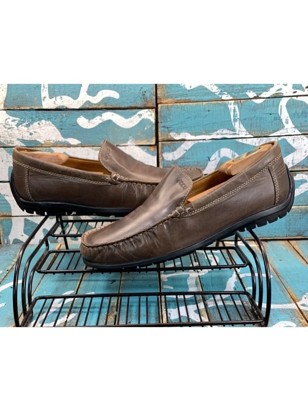 ECCO Driving Loafers Moc Toe Brown Leather Black Slip-On Mens 44/10-10.5 EUC